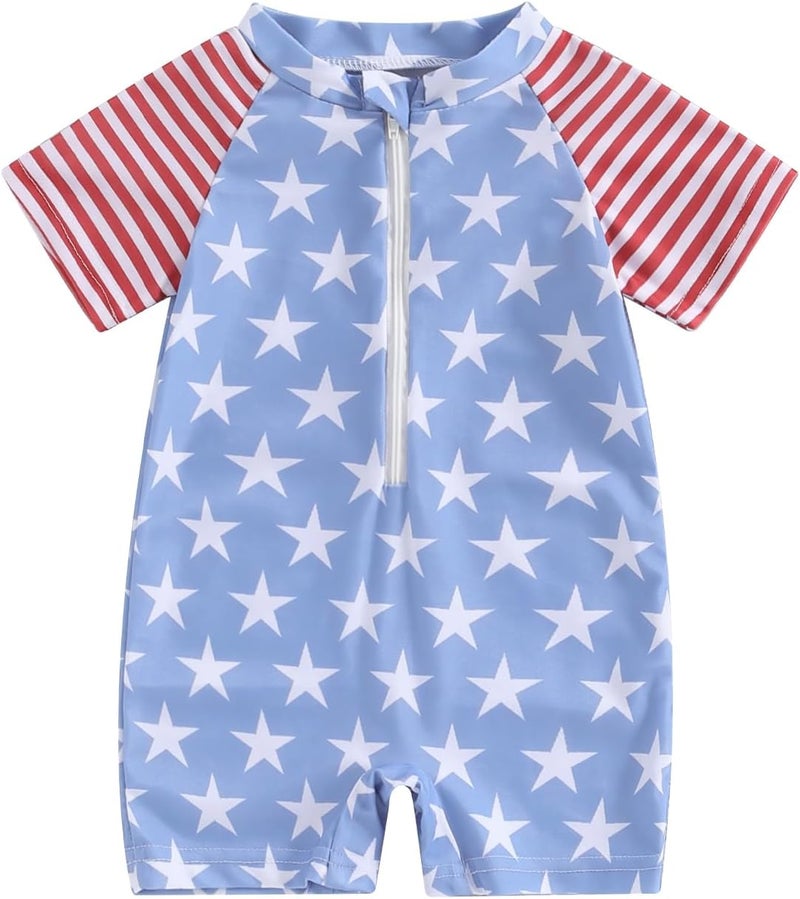 Fuethsuy 4th of July Baby Boy Swimsuit American Flag Zipper Swimwear Short Sleeve Rash Guard Sunsuit One Piece Bathing Suit - Image 1